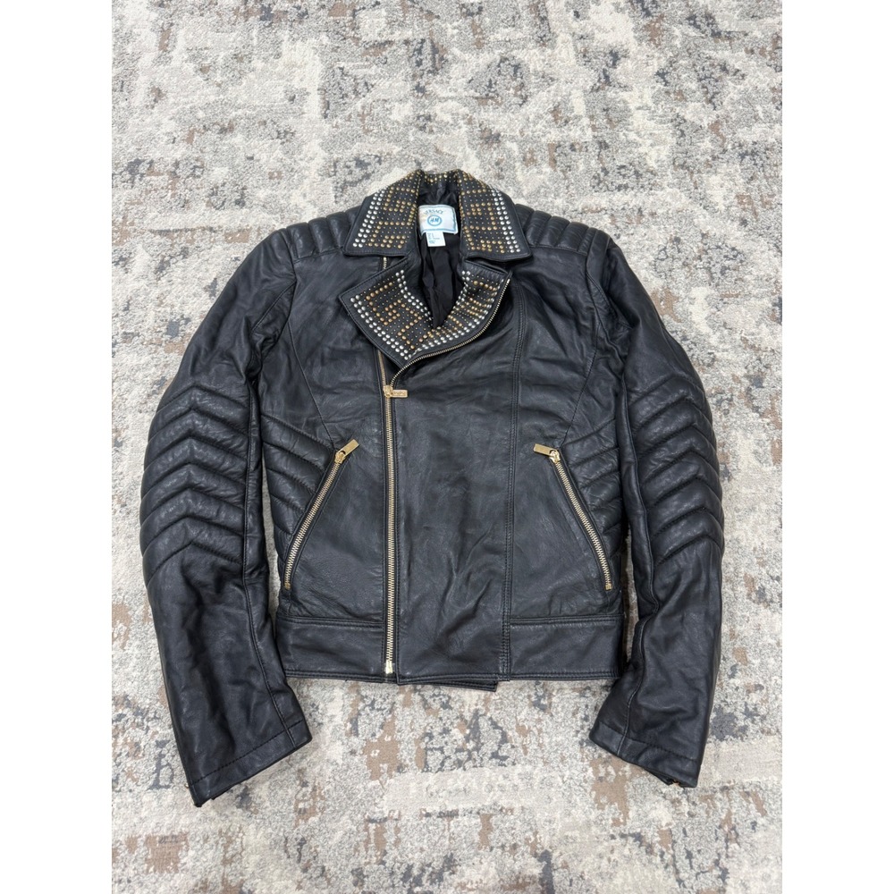 Versace for H&M Black Studded Leather Biker Jacket Gold Greek Key Hardware S